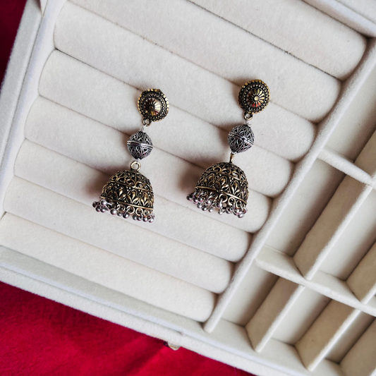 A pair of Sharvari Earrings featuring intricate oxidized craftsmanship, perfect for festive wear.